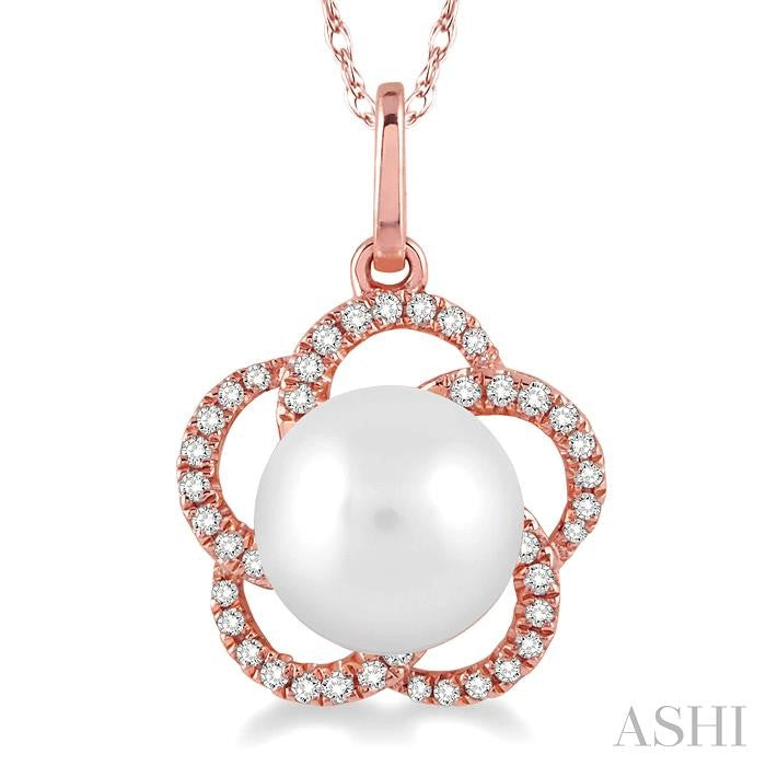 7 MM Cultured Pearl and 1/8 Ctw Round Cut Diamond Pendant in 14K Rose Gold with Chain