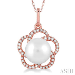 7 MM Cultured Pearl and 1/8 Ctw Round Cut Diamond Pendant in 14K Rose Gold with Chain
