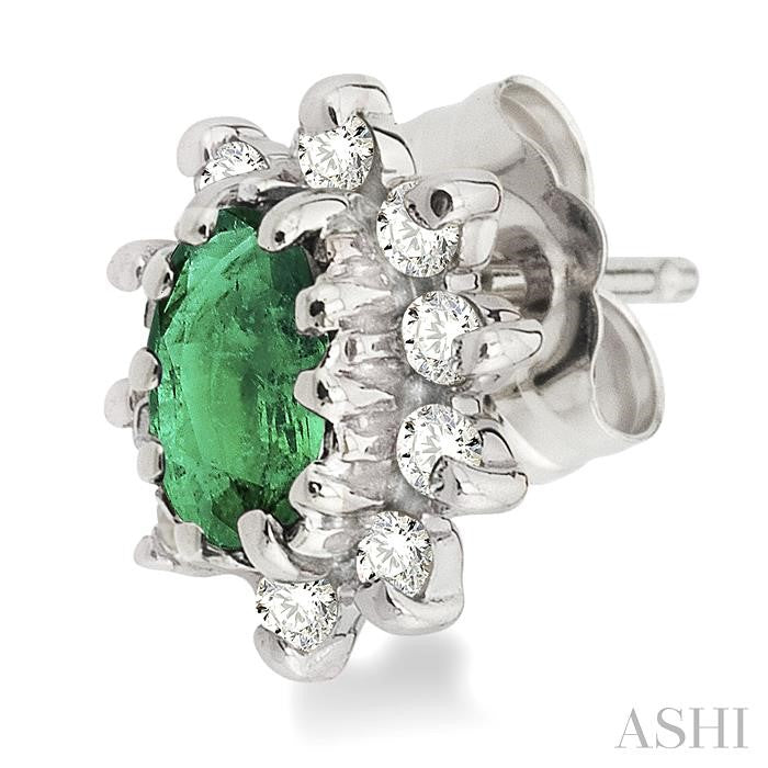 5x3MM Oval Cut Emerald and 1/4 Ctw Round Cut Diamond Earrings in 14K White Gold