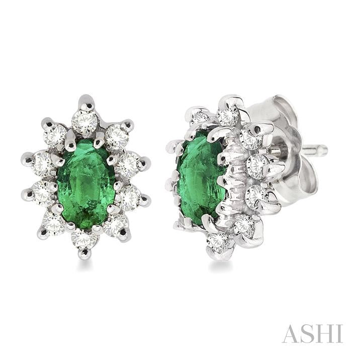 5x3MM Oval Cut Emerald and 1/4 Ctw Round Cut Diamond Earrings in 14K White Gold