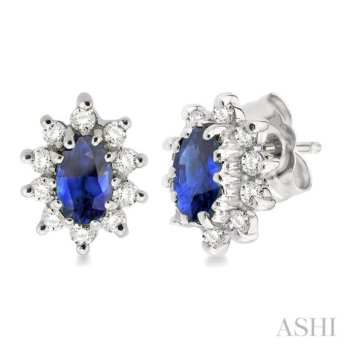 5x3MM Oval Cut Sapphire and 1/4 Ctw Round Cut Diamond Earrings in 14K White Gold