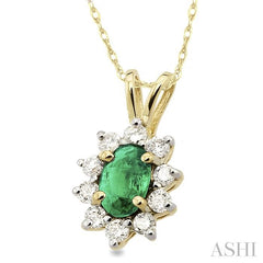 6x4MM Oval Cut Emerald and 1/4 Ctw Round Cut Diamond Pendant in 14K Yellow Gold with Chain