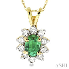 6x4MM Oval Cut Emerald and 1/4 Ctw Round Cut Diamond Pendant in 14K Yellow Gold with Chain