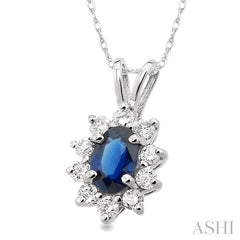 6x4MM Oval Cut Sapphire and 1/4 Ctw Round Cut Diamond Pendant in 14K White Gold with Chain