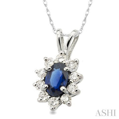 6x4MM Oval Cut Sapphire and 1/4 Ctw Round Cut Diamond Pendant in 14K White Gold with Chain