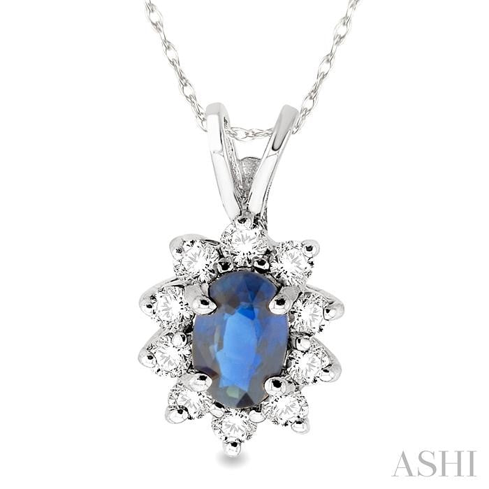 6x4MM Oval Cut Sapphire and 1/4 Ctw Round Cut Diamond Pendant in 14K White Gold with Chain