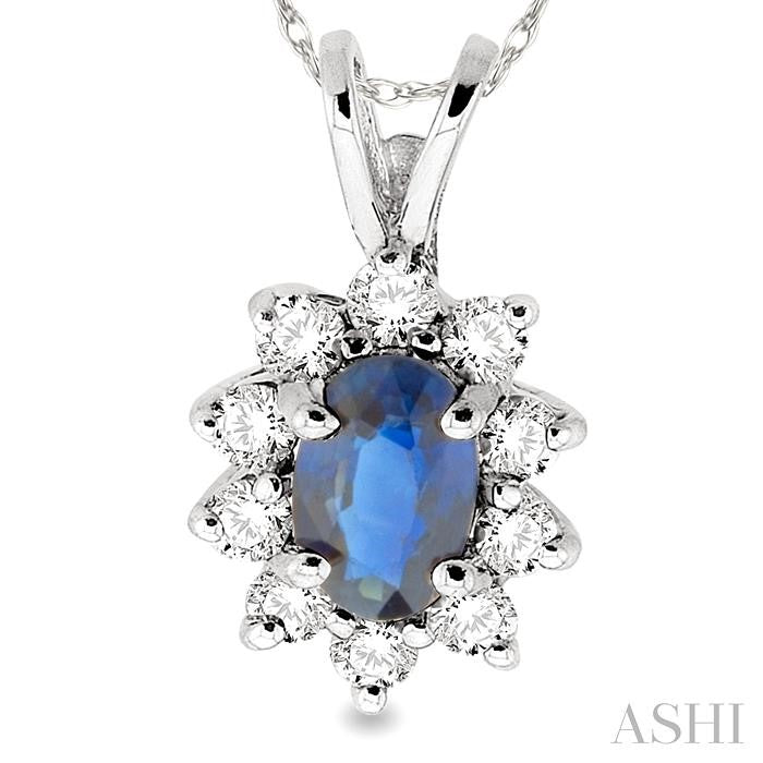 6x4MM Oval Cut Sapphire and 1/4 Ctw Round Cut Diamond Pendant in 14K White Gold with Chain