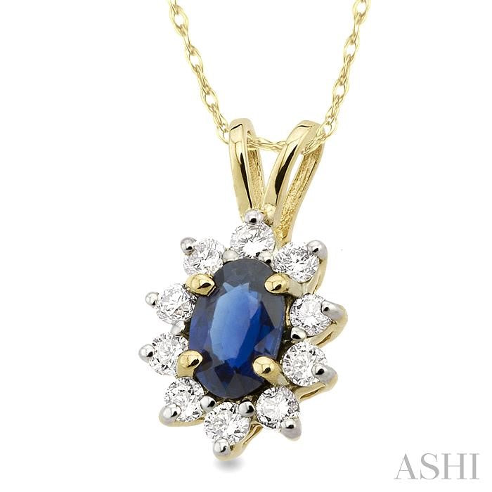 6x4MM Oval Cut Sapphire and 1/4 Ctw Round Cut Diamond Pendant in 14K Yellow Gold with Chain