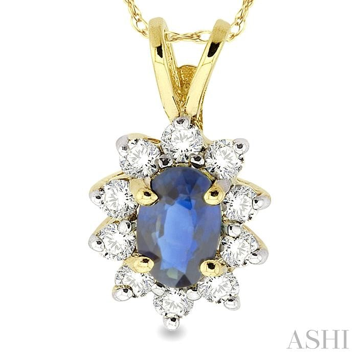 6x4MM Oval Cut Sapphire and 1/4 Ctw Round Cut Diamond Pendant in 14K Yellow Gold with Chain