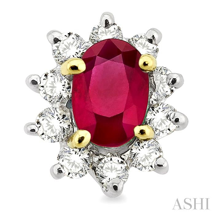 6x4MM Oval Cut Ruby and 1/2 Ctw Round Cut Diamond Earrings in 14K Yellow Gold