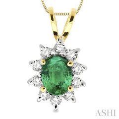 7x5MM Oval Cut Emerald and 1/3 Ctw Round Cut Diamond Pendant in 14K Yellow Gold with Chain