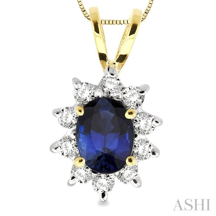 7x5MM Oval Cut Sapphire and 1/3 Ctw Round Cut Diamond Pendant in 14K Yellow Gold with Chain