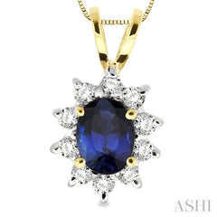 7x5MM Oval Cut Sapphire and 1/3 Ctw Round Cut Diamond Pendant in 14K Yellow Gold with Chain