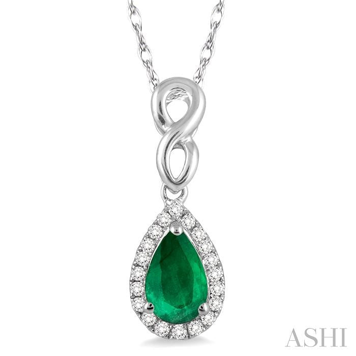 6x4 MM Pear Shape Emerald and 1/10 ctw Round Cut Diamond Pendant in 14K White Gold with Chain