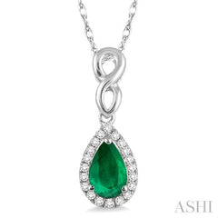 6x4 MM Pear Shape Emerald and 1/10 ctw Round Cut Diamond Pendant in 14K White Gold with Chain
