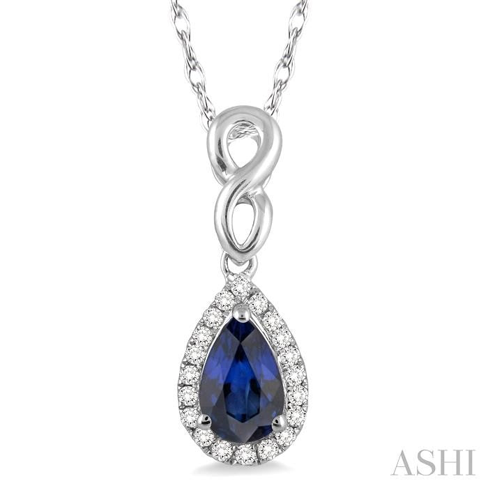 6x4 MM Pear Shape Sapphire and 1/10 ctw Round Cut Diamond Pendant in 10K White Gold with Chain