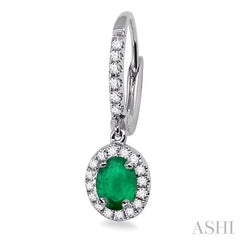 5x3 MM Oval Cut Emerald and 1/4 Ctw Round Cut Diamond Earrings in 14K White Gold