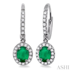 5x3 MM Oval Cut Emerald and 1/4 Ctw Round Cut Diamond Earrings in 14K White Gold