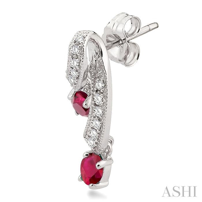 4x3 MM Oval Cut Ruby and 1/5 Ctw Round Cut Diamond Precious Earrings in 14K White Gold