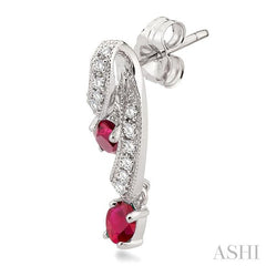 4x3 MM Oval Cut Ruby and 1/5 Ctw Round Cut Diamond Precious Earrings in 14K White Gold