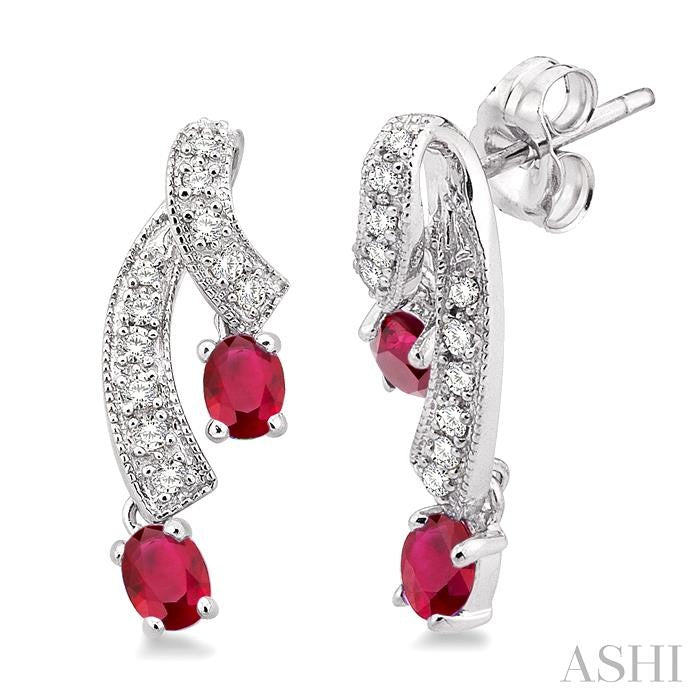 4x3 MM Oval Cut Ruby and 1/5 Ctw Round Cut Diamond Precious Earrings in 14K White Gold