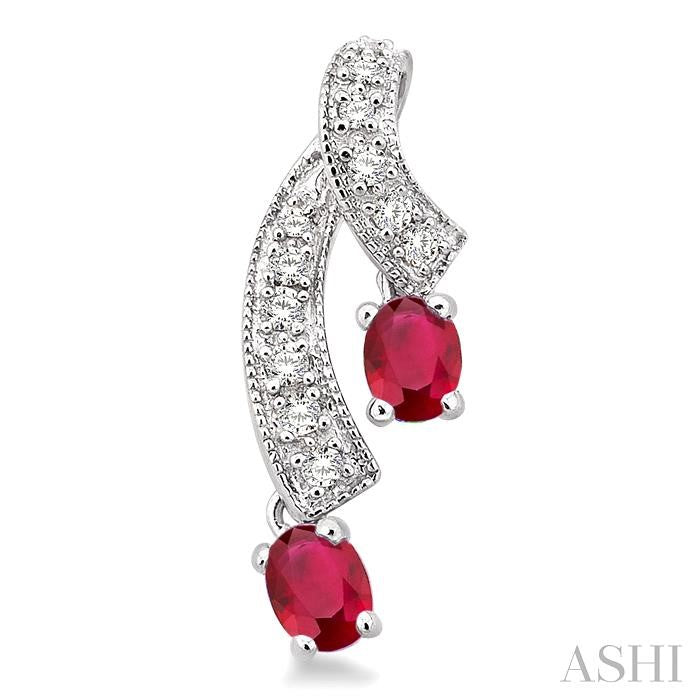 4x3 MM Oval Cut Ruby and 1/5 Ctw Round Cut Diamond Precious Earrings in 14K White Gold