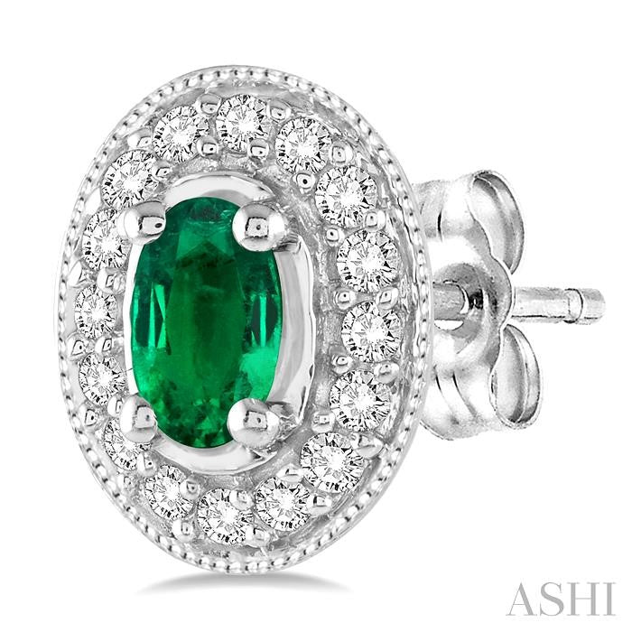 5x3 MM Oval Cut Emerald and 1/4 Ctw Round Cut Diamond Earrings in 14K White Gold