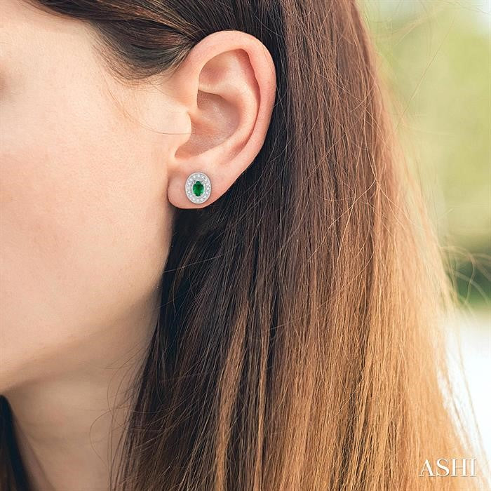 5x3 MM Oval Cut Emerald and 1/4 Ctw Round Cut Diamond Earrings in 14K White Gold