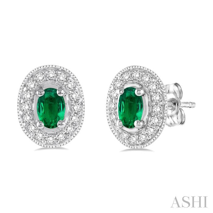 5x3 MM Oval Cut Emerald and 1/4 Ctw Round Cut Diamond Earrings in 14K White Gold