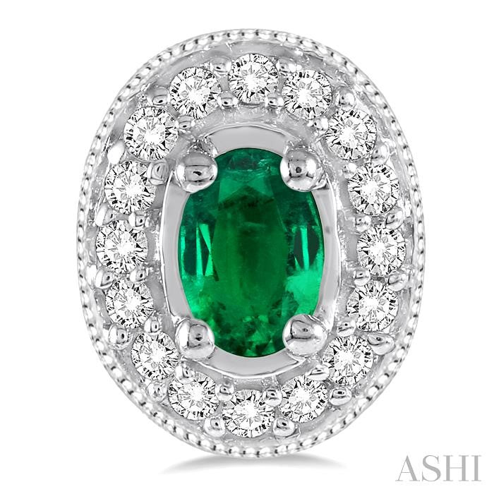 5x3 MM Oval Cut Emerald and 1/4 Ctw Round Cut Diamond Earrings in 14K White Gold