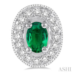 5x3 MM Oval Cut Emerald and 1/4 Ctw Round Cut Diamond Earrings in 14K White Gold