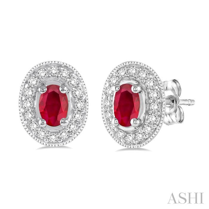 5x3 MM Oval Cut Ruby and 1/4 Ctw Round Cut Diamond Earrings in 14K White Gold