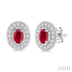 5x3 MM Oval Cut Ruby and 1/4 Ctw Round Cut Diamond Earrings in 14K White Gold