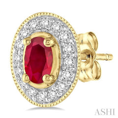 5x3 MM Oval Cut Ruby and 1/4 Ctw Round Cut Diamond Earrings in 14K Yellow Gold