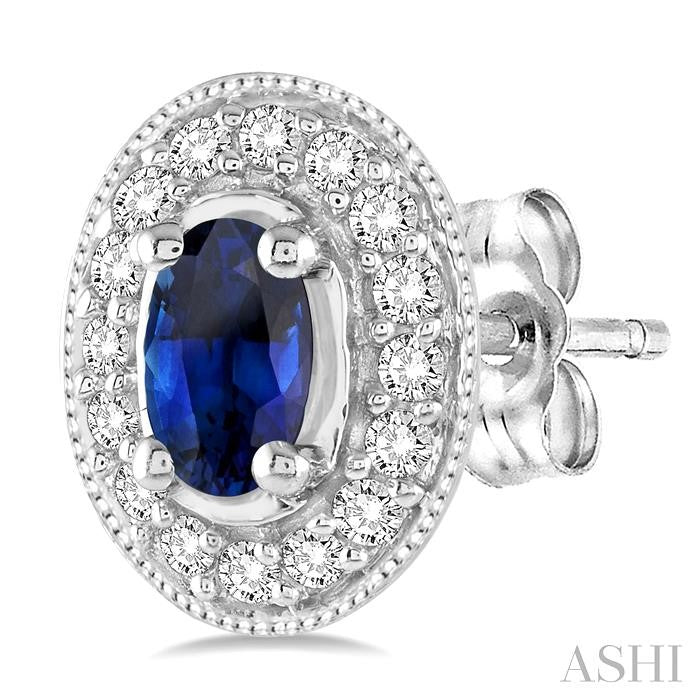 5x3 MM Oval Cut Sapphire and 1/4 Ctw Round Cut Diamond Earrings in 14K White Gold