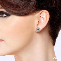 5x3 MM Oval Cut Sapphire and 1/4 Ctw Round Cut Diamond Earrings in 14K White Gold