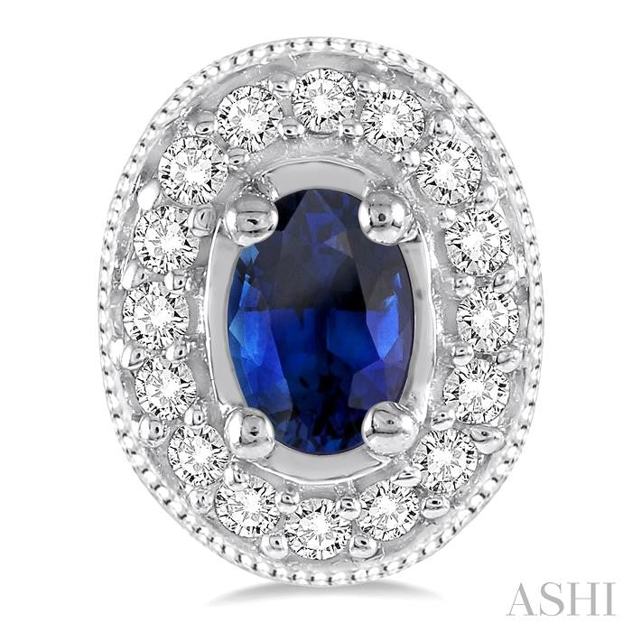 5x3 MM Oval Cut Sapphire and 1/4 Ctw Round Cut Diamond Earrings in 14K White Gold