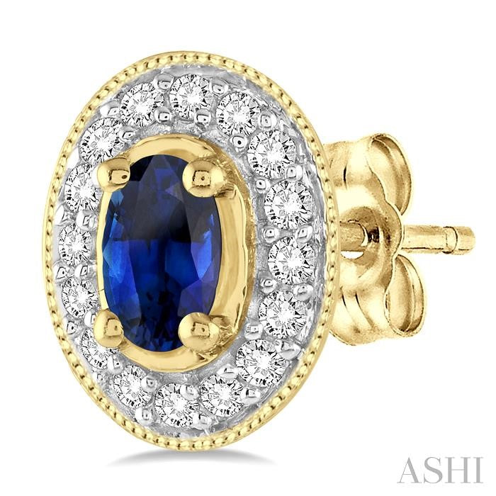 5x3 MM Oval Cut Sapphire and 1/4 Ctw Round Cut Diamond Earrings in 14K Yellow Gold