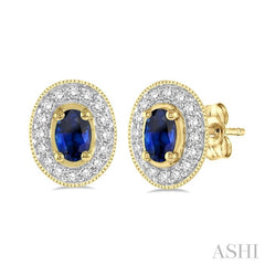 5x3 MM Oval Cut Sapphire and 1/4 Ctw Round Cut Diamond Earrings in 14K Yellow Gold