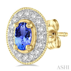 5x3mm Oval Cut Tanzanite and 1/4 Ctw Round Cut Diamond Earrings in 14K Yellow Gold