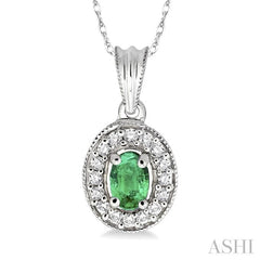 6x4 MM Oval Cut Emerald and 1/5 ctw Round Cut Diamond Pendant in 14K White Gold with Chain