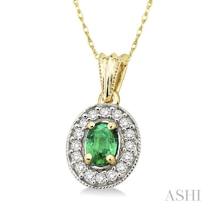6x4 MM Oval Cut Emerald and 1/5 ctw Round Cut Diamond Pendant in 14K Yellow Gold with Chain