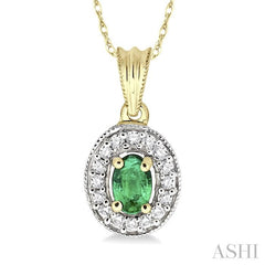 6x4 MM Oval Cut Emerald and 1/5 ctw Round Cut Diamond Pendant in 14K Yellow Gold with Chain