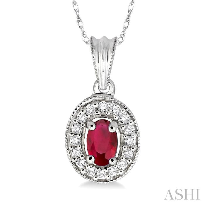 6x4 MM Oval Cut Ruby and 1/5 ctw Round Cut Diamond Pendant in 14K White Gold with Chain