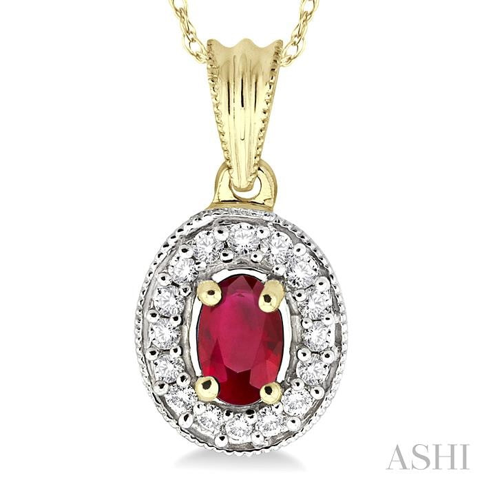 6x4 MM Oval Cut Ruby and 1/5 ctw Round Cut Diamond Pendant in 14K Yellow Gold with Chain