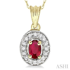 6x4 MM Oval Cut Ruby and 1/5 ctw Round Cut Diamond Pendant in 14K Yellow Gold with Chain