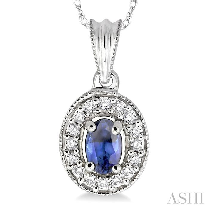 6x4 MM Oval Cut Sapphire and 1/5 ctw Round Cut Diamond Pendant in 14K White Gold with Chain