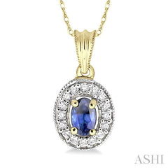 6x4 MM Oval Cut Sapphire and 1/5 Ctw Round Cut Diamond Pendant in 14K Yellow Gold with Chain