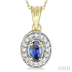 6x4 MM Oval Cut Sapphire and 1/5 ctw Round Cut Diamond Pendant in 14K Yellow Gold with Chain