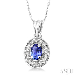 6x4 MM Oval Cut Tanzanite and 1/5 Ctw Round Cut Diamond Pendant in 14K White Gold with Chain